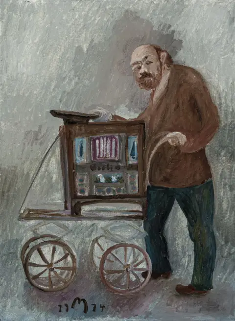 Mühlenhaupt, Kurt – Suonatore di organetto. Olio su tela. Monogramma e data in basso a sinistra, sul verso titolo su un'etichetta espositiva della Staatliche Kunsthalle Berlin (1981)