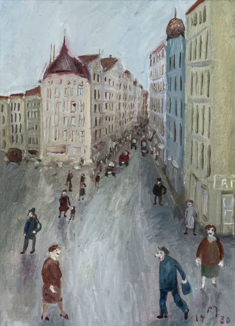 Mühlenhaupt, Kurt – Senza titolo. (Falkensteinstraße). Olio su tela. Monogramma e data in basso a destra. 1980. Telaio: 40 x 30 cm