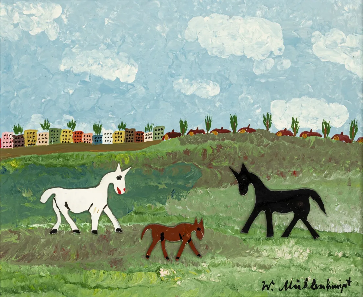 Mühlenhaupt, Willi – 无题。硬质纤维板油画，上漆并附3个动物拼贴。右下角签名。