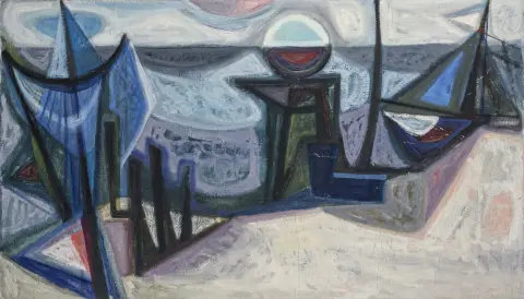 Ohnsorge, Paul – Senza titolo. (Paesaggio). Olio su tela. Probabilmente anni 1960. Dimensioni: 60 x 105 cm.