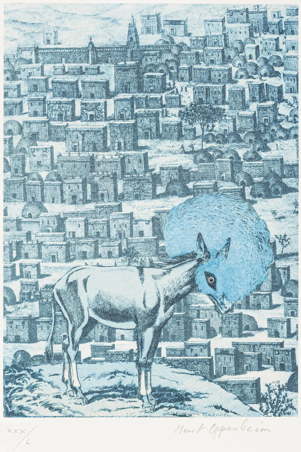 Oppenheim, Meret – 廷巴克图的驴。厚纹理纸上胶印。右下角签名，左下角罗马数字编号。