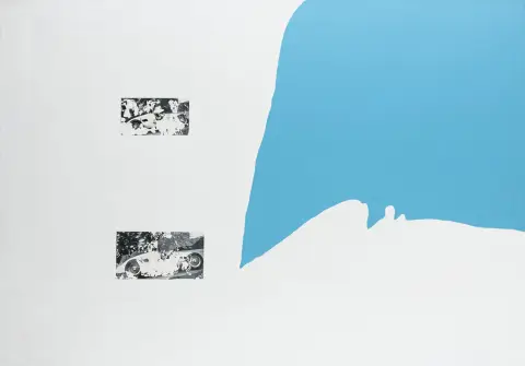 Palmieri, Laura – Senza titolo. (Auto da corsa). Tecnica mista con acrilico e foto su tela. Circa 1995. Dimensioni telaio: 70 x 100 cm.