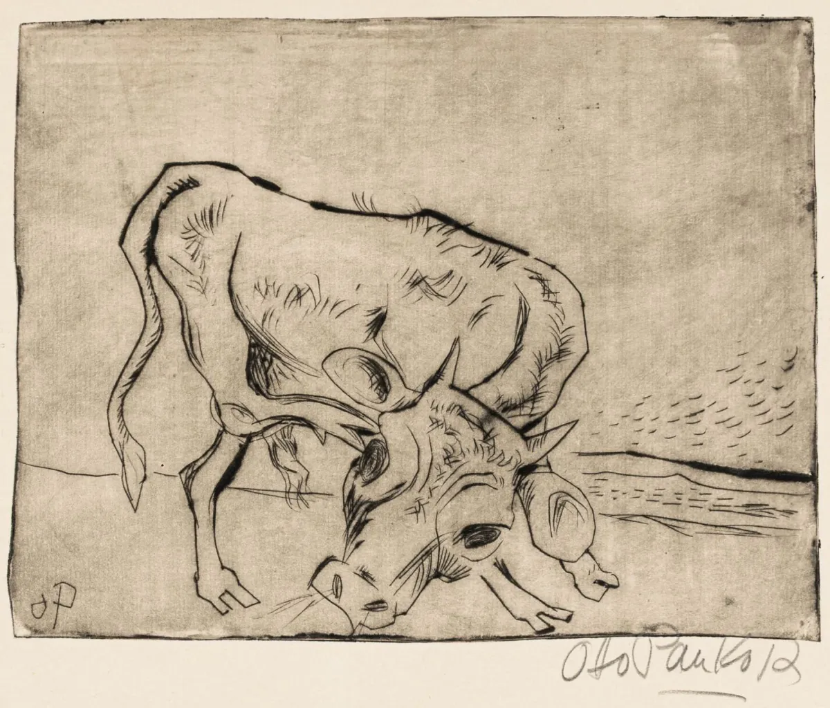 Pankok, Otto – 喷鼻的小公牛。绒面纸上的干刻版画。右下角签名。版上刻有字母组合。1922年。