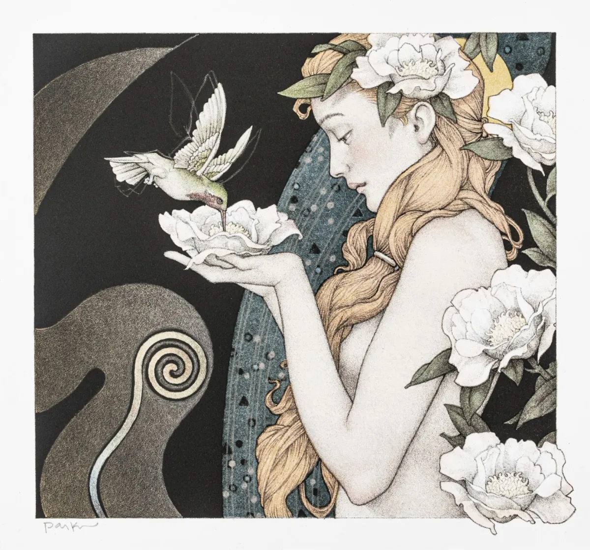 Parkes, Michael – Eva。手工纸上彩色石版画。左下角签名。纸张尺寸：27,8 x 29,8 cm。