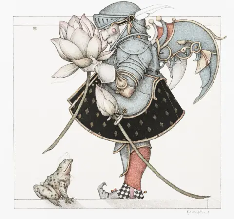 Parkes, Michael – The Lotus Collector. Litografia a colori su carta vergata. Firmata in basso a destra. Dimensioni foglio: 27,8 x 29,8 cm. Stampata presso…