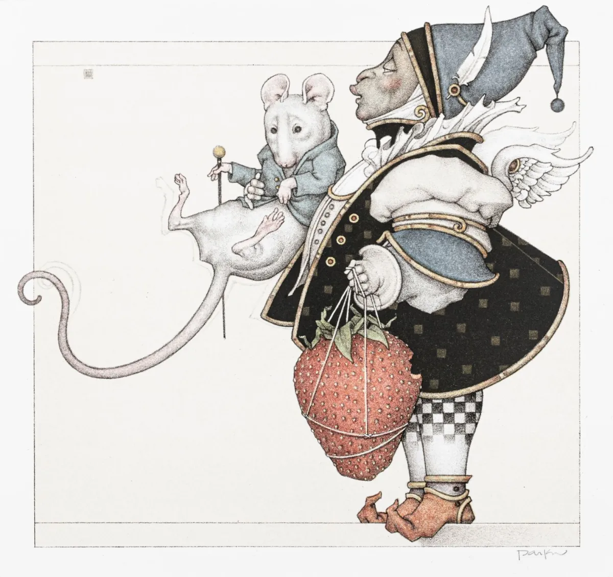 Parkes, Michael – The Mouse Collector。手工纸上彩色石版画。右下角签名。纸张尺寸：27,8 x 29,8 厘米。印刷于…