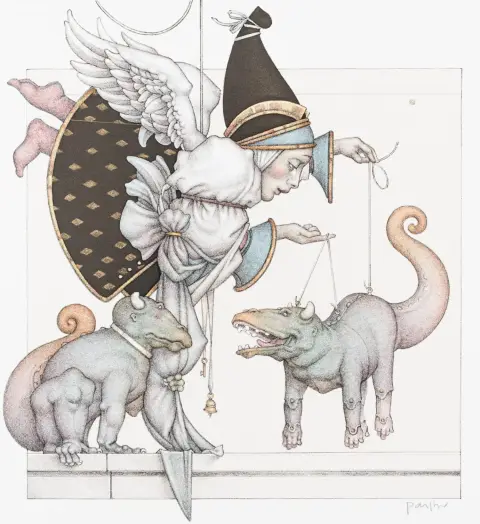 Parkes, Michael – The Puppets Collector. Litografia a colori su carta vergata. Firmata in basso a destra. Dimensioni foglio: 35 x 34 cm. Stampata presso Matthieu…