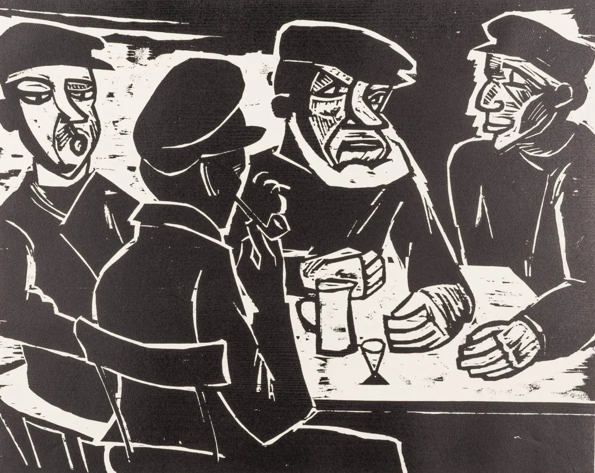 Pechstein, Max – 酒馆里的渔夫。铜版纸上木刻版画。背面有遗产和签名印章，并有水印…