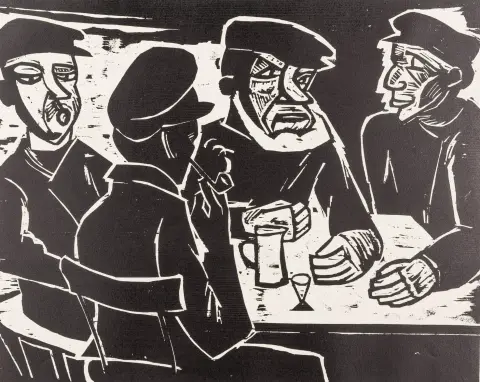 Pechstein, Max – Pescatori nella bettola. Xilografia su carta per stampa a rame. Al verso timbro di eredità e firma, filigrana.