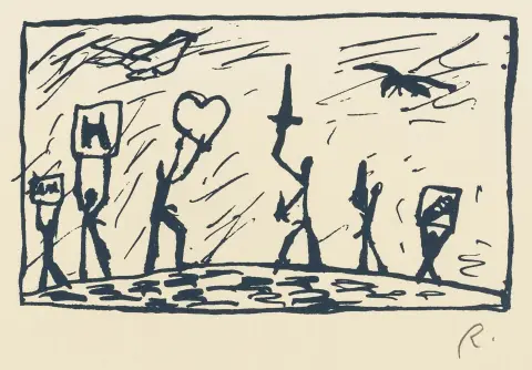 Penck, A. R – 7 serigrafie a colori blu su carta vergata a macchina color camoscio. Ciascuna monogrammata "R." in basso a destra. 1968/1979. Dimensioni foglio: 30 x 27 cm.