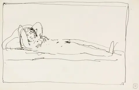 Penck, A. R – Nudo disteso. Disegno a inchiostro su carta. In basso a destra monogrammato "R" (Ralf). Primi anni 1960…