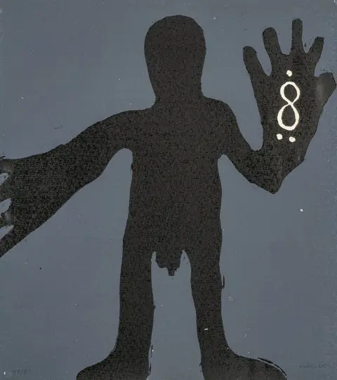 Penck, A. R. – Senza titolo. (Figura iconica — attenzione). Linoleografia su carta velina a macchina. Firmato «Winkler» e numerato. Esemplare: 11/30.