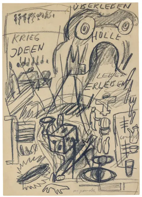 Penck, A. R. – Senza titolo. Disegno a carboncino su carta marrone. Firmato in basso al centro. 1966. Dimensioni foglio: 42 x 30 cm. Sotto passe-partout.