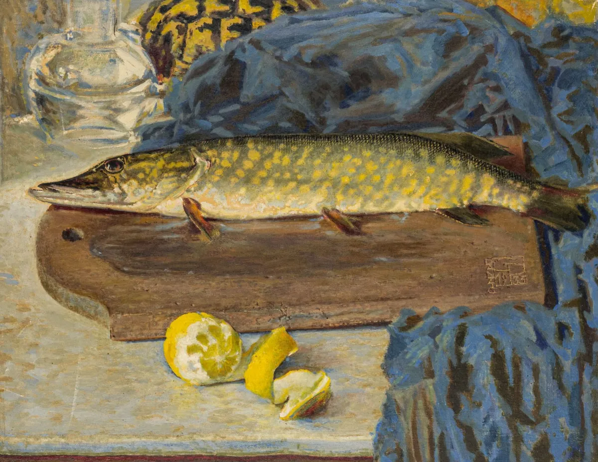 Petzoldt, Gustav – 鱼与柠檬。布面油画。鱼下方右侧有姓名缩写、日期和地点标注，背面有…