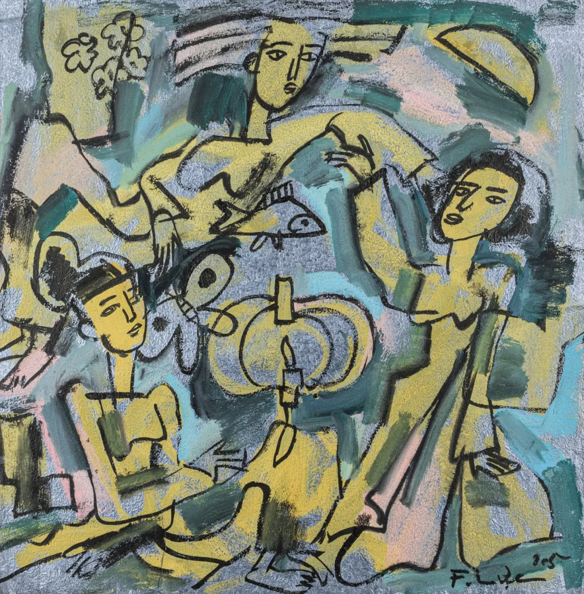 Pham, Luc – Untitled. (Figurative scene). Gouache on blue paper. Signed and dated lower right. 2005.