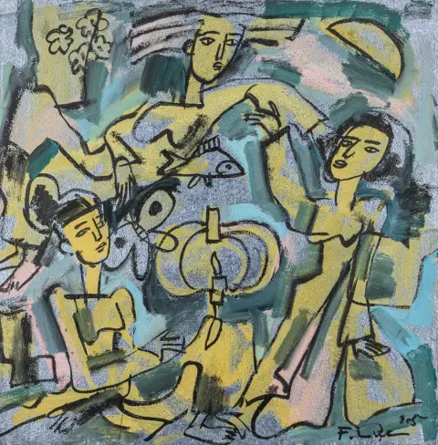 Pham, Luc – Senza titolo. (Scena figurativa). Guazzo su carta blu. Firmato e datato in basso a destra. 2005. Dimensioni foglio: 64 x 64 cm.