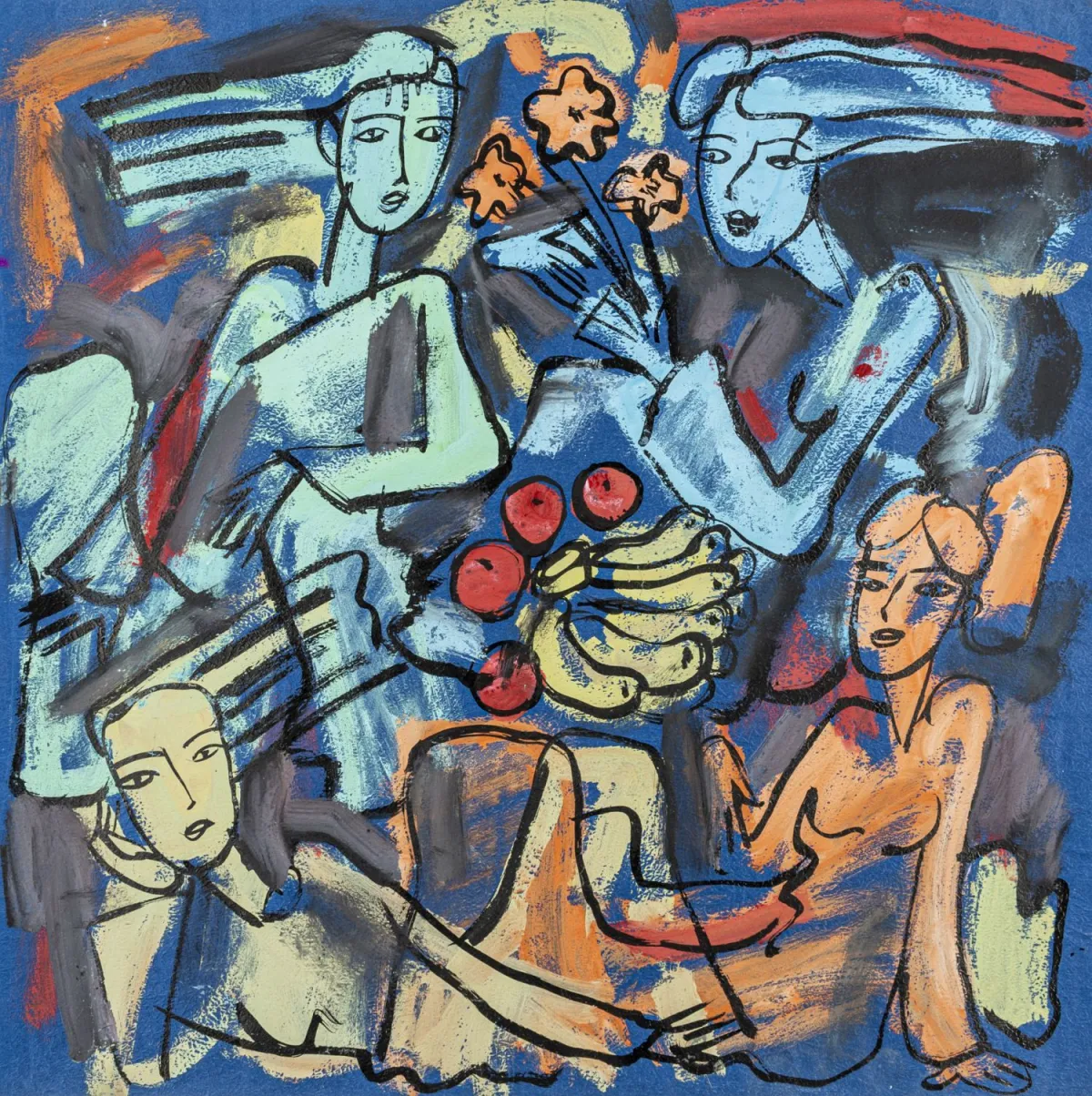Pham, Luc – 无题。(人物场景)。蓝色纸上水粉。纸张尺寸:64 x 64 cm。色彩浓烈的水粉,出自越南…