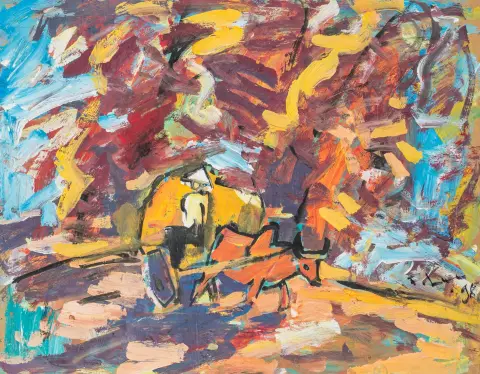 Pham, Luc – Senza titolo. (Scena con figure). Guazzo su cartoncino leggero. Firmato e datato in basso a destra. 1998. Dimensioni foglio: 52 x 66 cm.