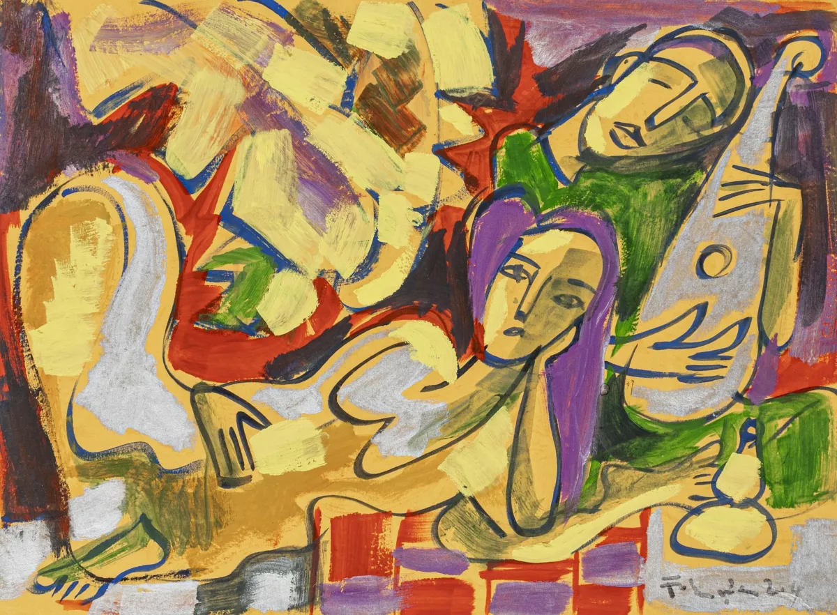 Pham, Luc – 无题。（一对）。黄色卡纸上的水粉。右下签名。画幅尺寸：29.5 x 40 厘米。色彩浓烈的作品…
