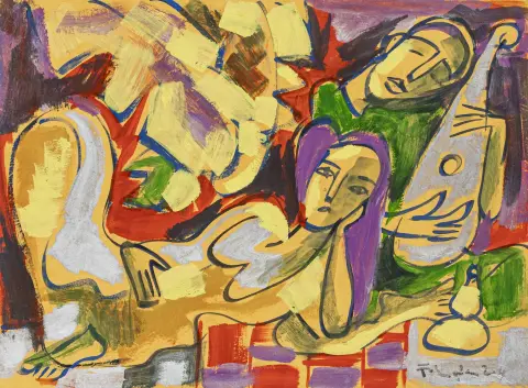 Pham, Luc – Senza titolo. (Coppia). Guazzo su cartoncino giallastro. Firmato in basso a destra. Dimensioni foglio: 29,5 x 40 cm.