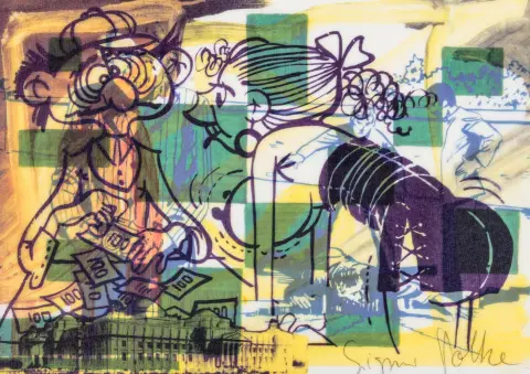 Polke, Sigmar – Leave the Lab and enter the Office. Litografia offset su carta trasparente spessa, stampata su entrambi i lati. Firmata in basso a destra. 1991.