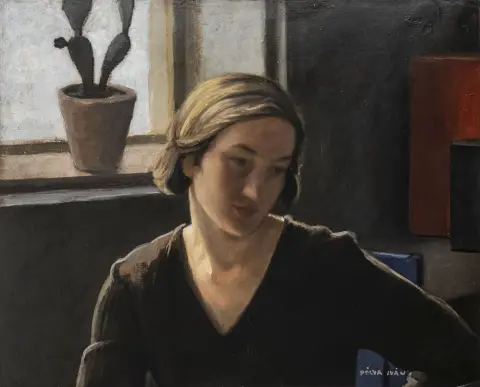 Polya, Ivan – Senza titolo. (Ritratto femminile). Olio su cartone. Firmato in basso a destra.