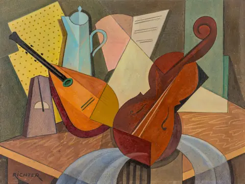 Richter, Aurel – Senza titolo. (Natura morta con violino). Guazzo e acquerello su cartone da pittura. Firmato in basso a sinistra in nero. Circa 1930.