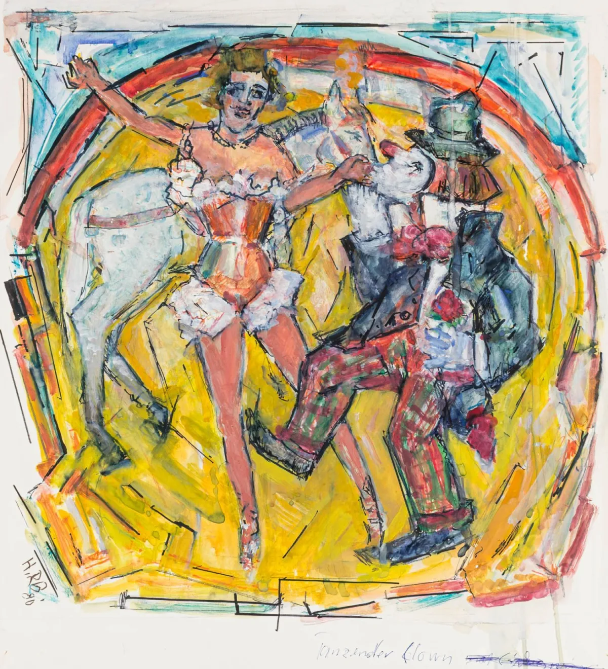 Richter-Berlin, Heinrich – 跳舞的小丑。薄纸板上的水粉与水彩混合技法。左下方有姓名缩写和日期…