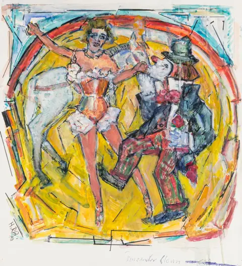 Richter-Berlin, Heinrich – Clown danzante. Tecnica mista con guazzo e acquerello su cartone sottile. Monogrammato e datato in basso a sinistra "H.R.B. 80" e intitolato a mano sotto l'immagine e sul verso. 1980.