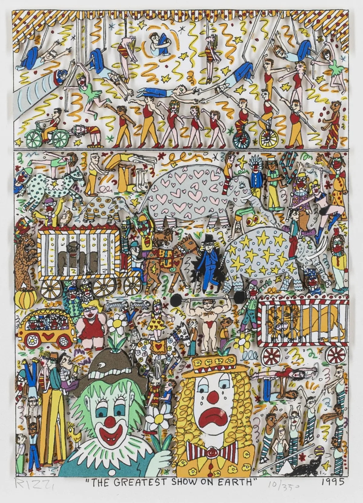 里齐，詹姆斯 – The Greatest Show on Earth。轻质卡纸3D彩色丝网版画。下边缘铅笔签名并编号，另有印刷体日期和标题，…