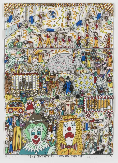 Rizzi, James – The Greatest Show on Earth. Serigrafia a colori 3D su cartoncino leggero. In basso al margine firmato e numerato a matita, nonché datato e intitolato tipograficamente.