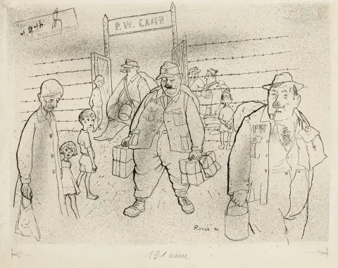 Rosié, Paul – Campo P.W. Disegno a penna su carta robusta. Firmato e datato in basso al centro, in alto a sinistra con timbro di approvazione di un'amministrazione militare…