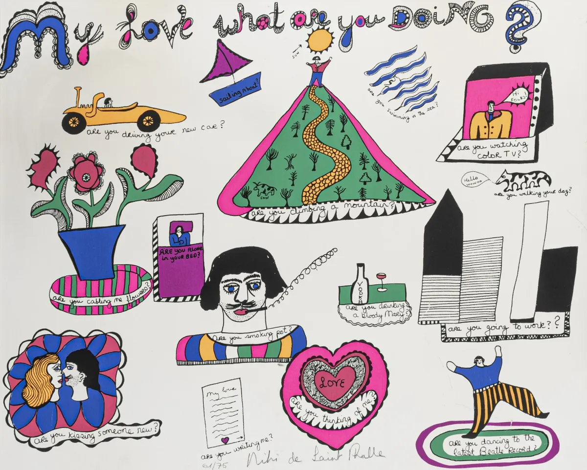 圣法勒，妮基·德 – My Love what are you doing? 犊皮纸上的彩色丝网印刷，裱贴于衬纸板上。下方居中铅笔签名
