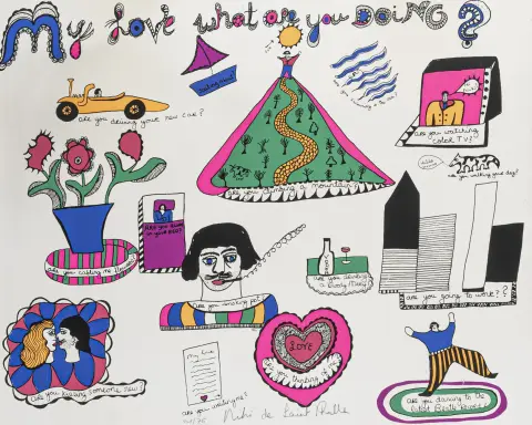 Saint-Phalle, Niki de – My Love what are you doing? Serigrafia a colori su velina, applicata su cartone