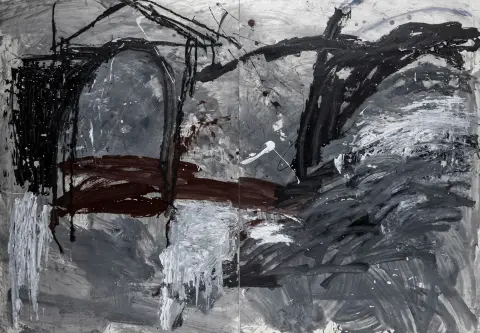 Sanleón, José Pérez – Senza titolo. Acrilico su 2 cartoni grigi. Circa 1987. Dimensioni totali: 105 x 150 cm. Opera caratteristica dell'artista…