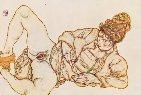 Schiele, Egon – Nudo disteso, 1916. Offset a colori su carta sottile da un acquerello di Egon Schiele dalla cartella "Egon Schiele -…