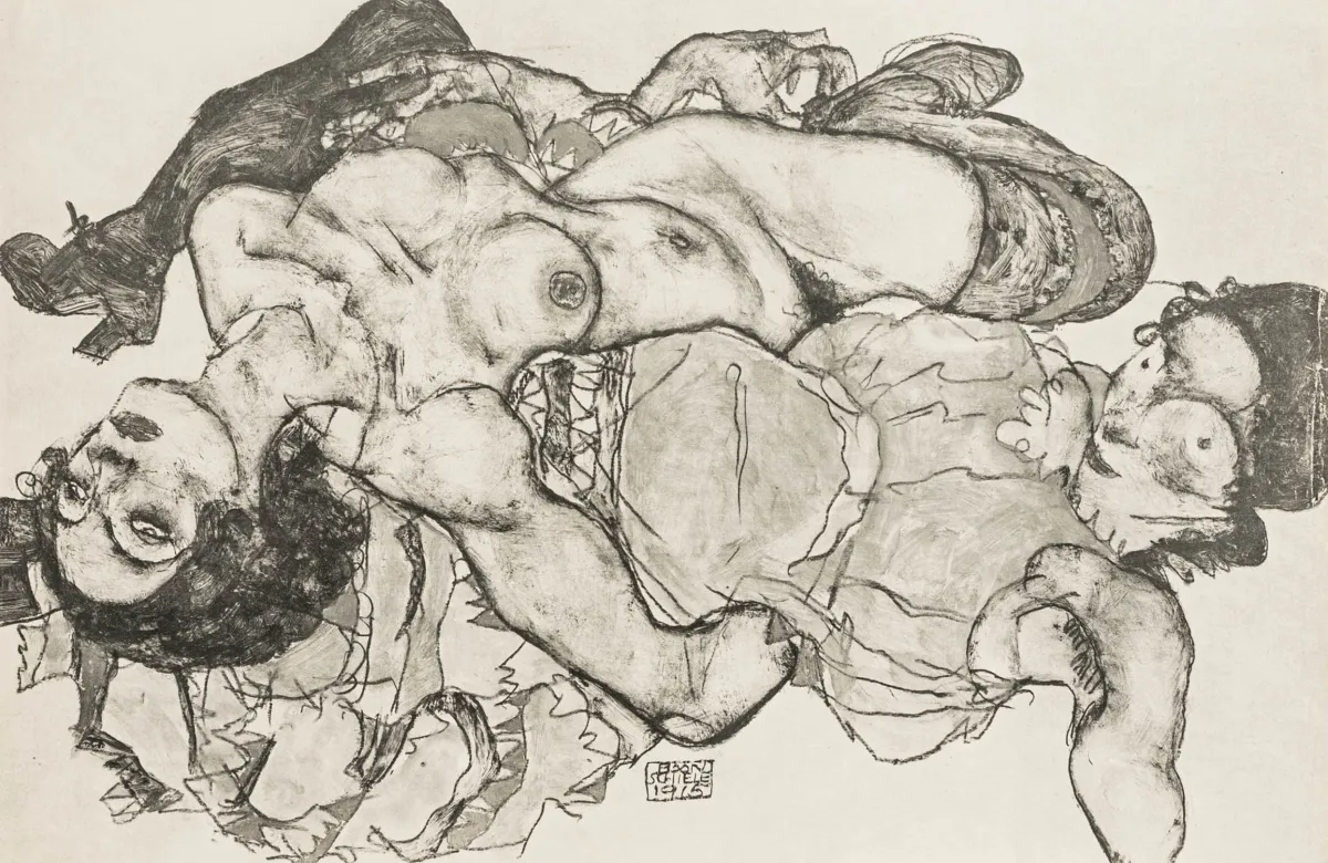 Schiele, Egon – 女性情侣，1915年。出自作品集《Zeichnungen - Egon Schiele 1917》。厚纸上的珂罗版印刷…
