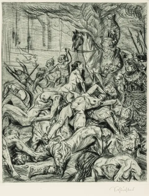 Schlichter, Rudolf – La conquista di Baghdad. Acquaforte su velina pesante. Firmata a matita. 1914.