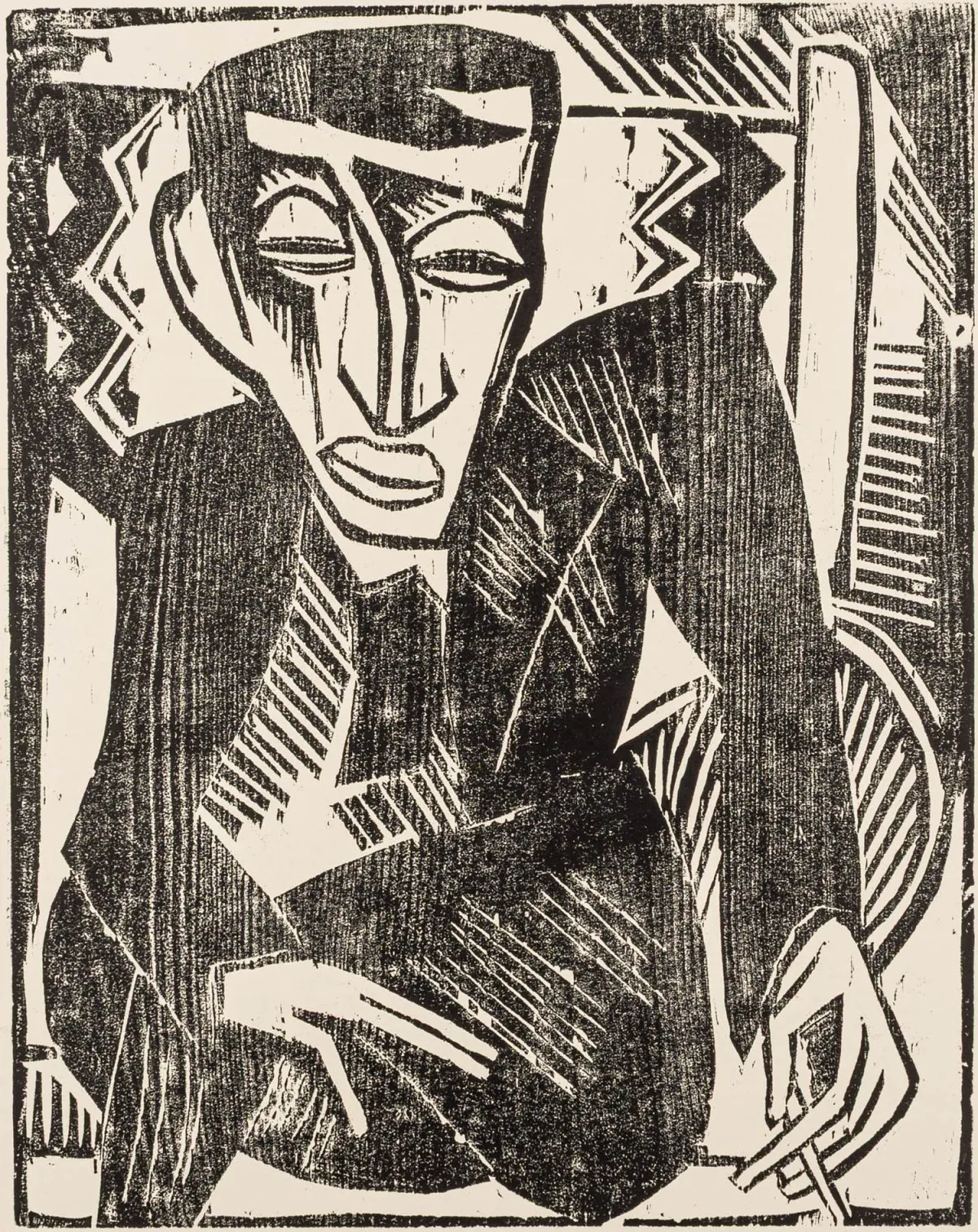 Schmidt-Rottluff, Karl – G.（Simon Guttmann）肖像。浅黄褐色犊皮纸上的木刻版画。1914年。画面尺寸：50 x 39,2 厘米。