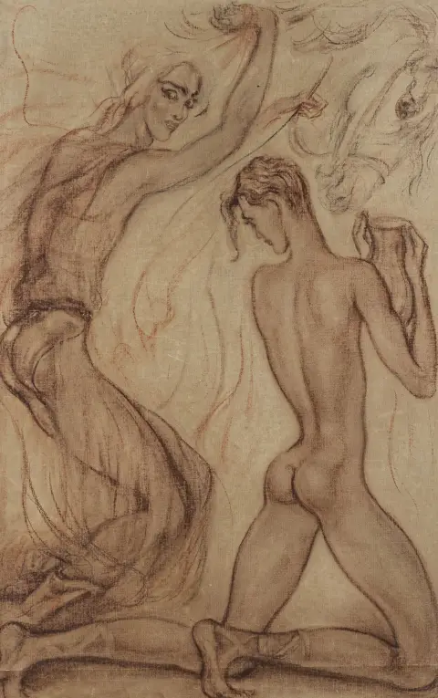 Schnackenberg, Walter (attribuito) – Melchior (per il ciclo dell'altare "Leggende sacre"). Disegno a sanguigna e seppia su carta marrone.