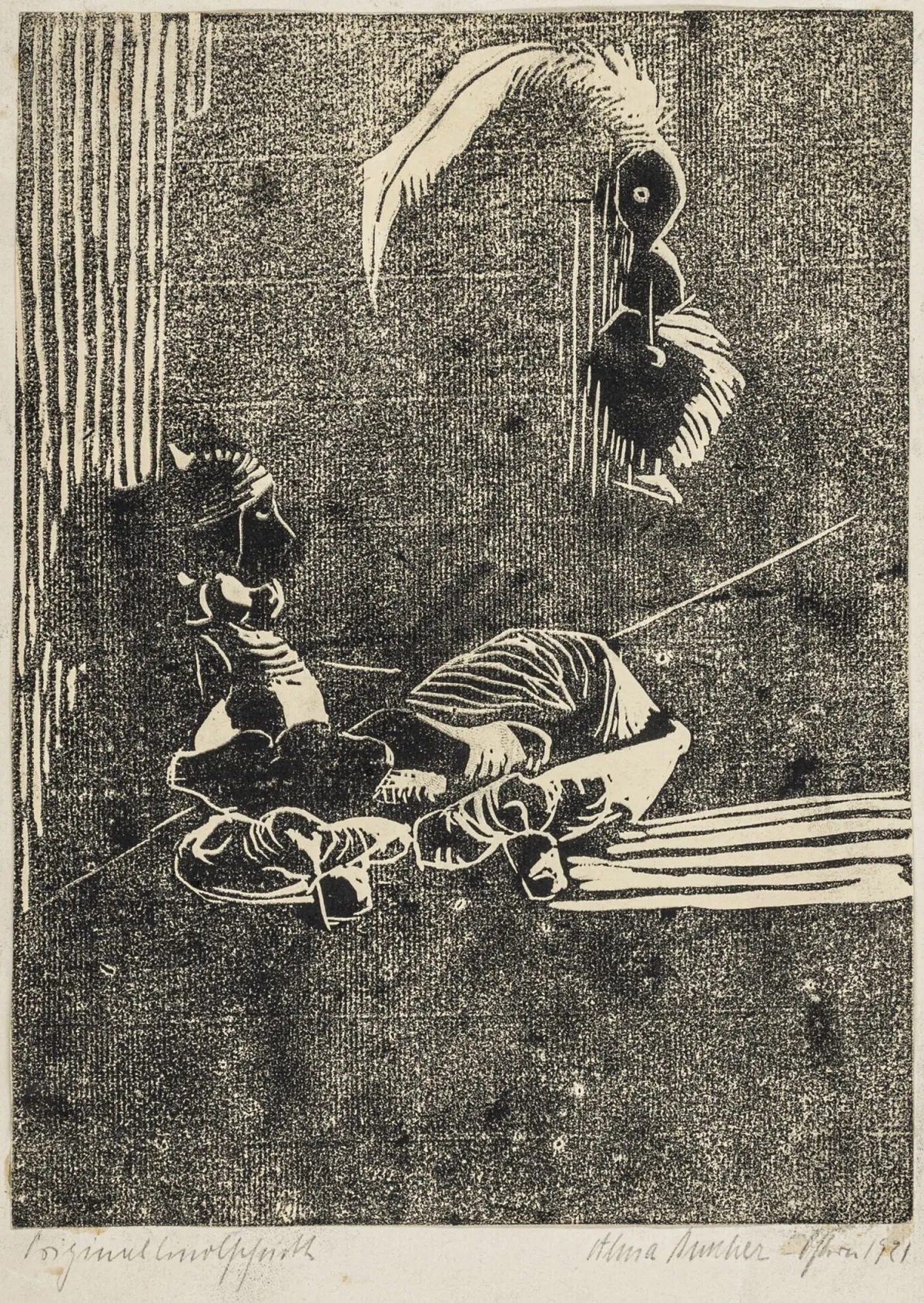 Siedhoff-Buscher, Alma – 无题。仿犊皮纸上的油毡版画。右下方签名并注明日期。左下方标注"Original…