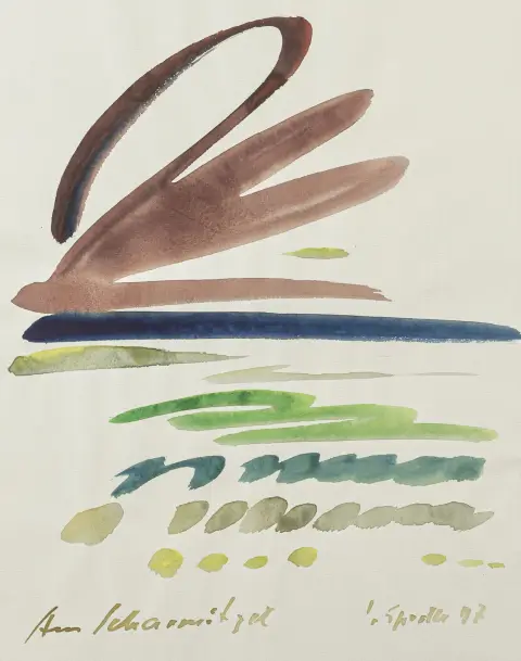 Sprotte, Siegward – Sul Scharmützelsee. Acquerello su carta vergata industriale grigio chiaro con perforazione sul bordo sinistro. Firmato, datato e intitolato. 1997