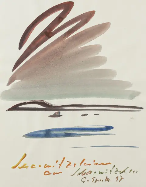 Sprotte, Siegward – Senza titolo. (Nuvole sul Scharmützelsee). Acquerello su carta vergata industriale grigio chiaro con perforazione sul bordo sinistro. Firmato, datato e designato. 1997