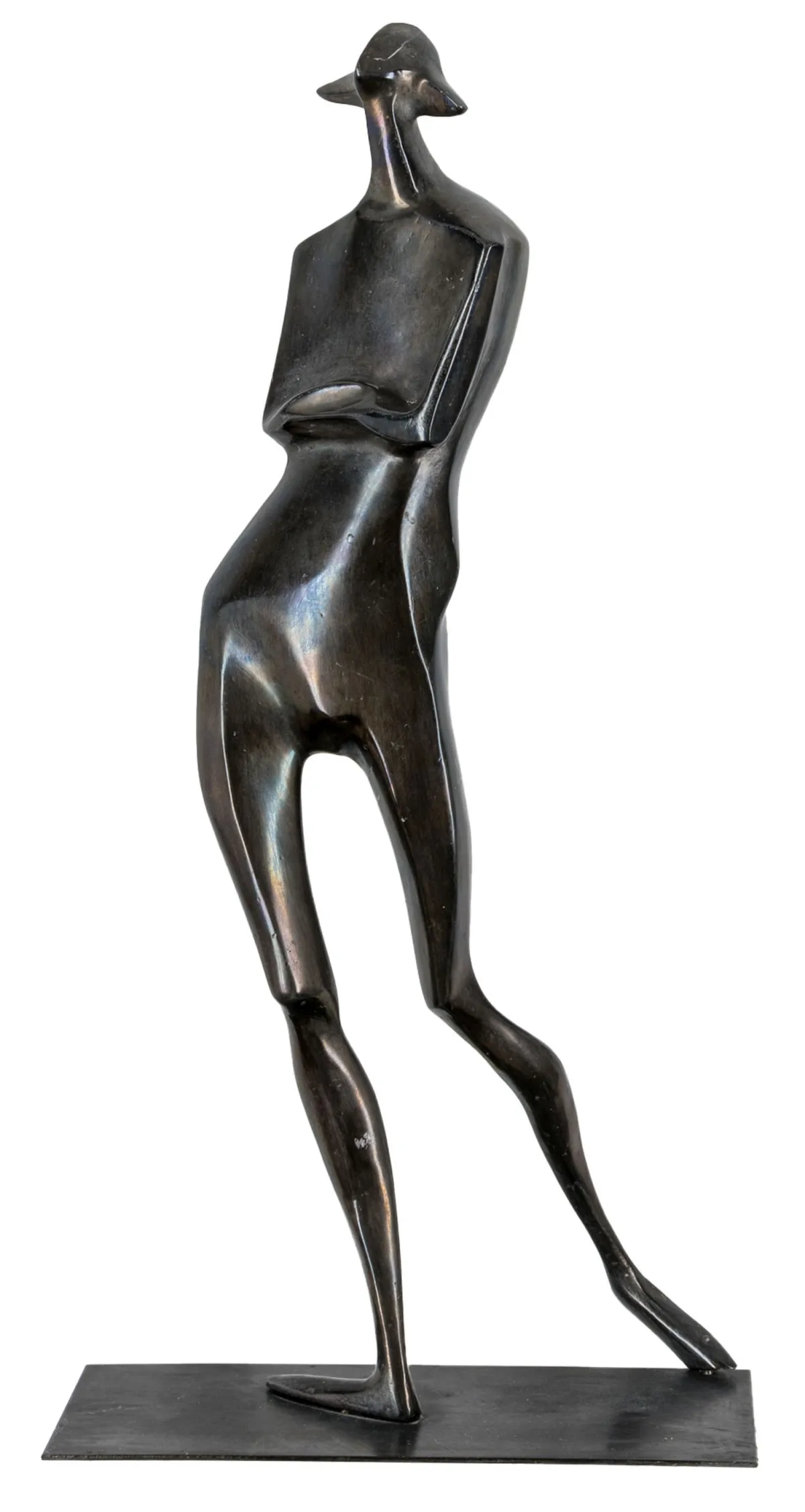 Svoboda, Rudolf – Walking Pierot. Bronze, black patinated, mounted on flat metal base. Monogrammed "RS" lower left on the base. Circa 1965. 39.8 x 14 x 5.2 cm.
