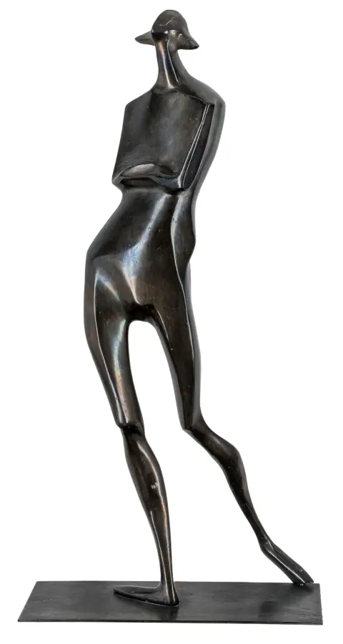 Svoboda, Rudolf – Walking Pierot. Bronzo, patinato nero, montato su basamento metallico piatto. Monogrammato "RS" nel basamento in basso a sinistra.