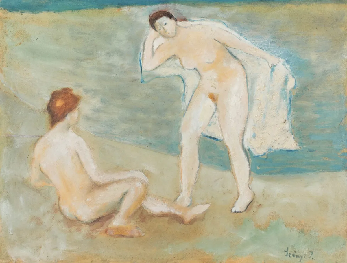 Szönyi, István – Zonder titel. (Badende vrouwen aan het water). Pastel op karton, deels opgehoogd met wit. Gesigneerd rechtsonder. Waarschijnlijk jaren 1930. 47 x 61,7 cm.