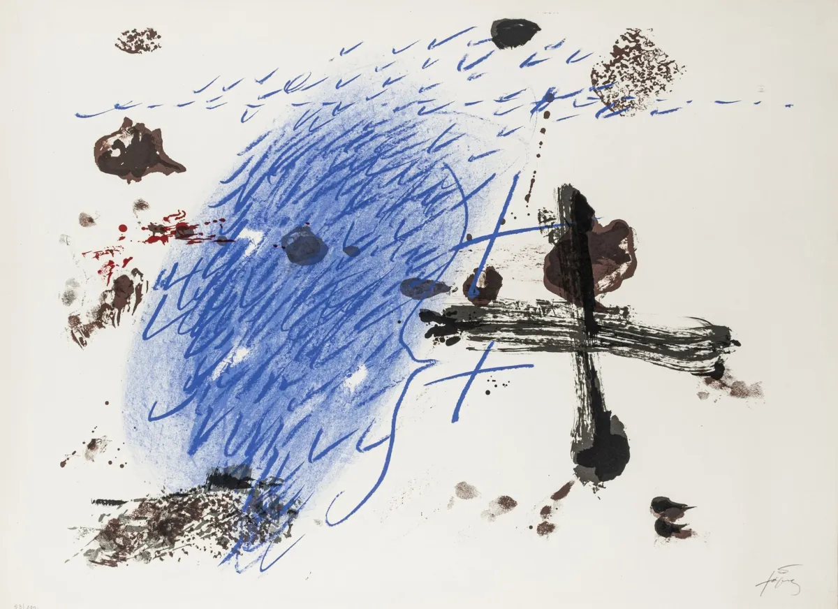 Tàpies, Antoni – 无题。犊皮纸上的彩色石版画。右下角签名。左下角编号。编号：53/180。1970年。画幅尺寸：...