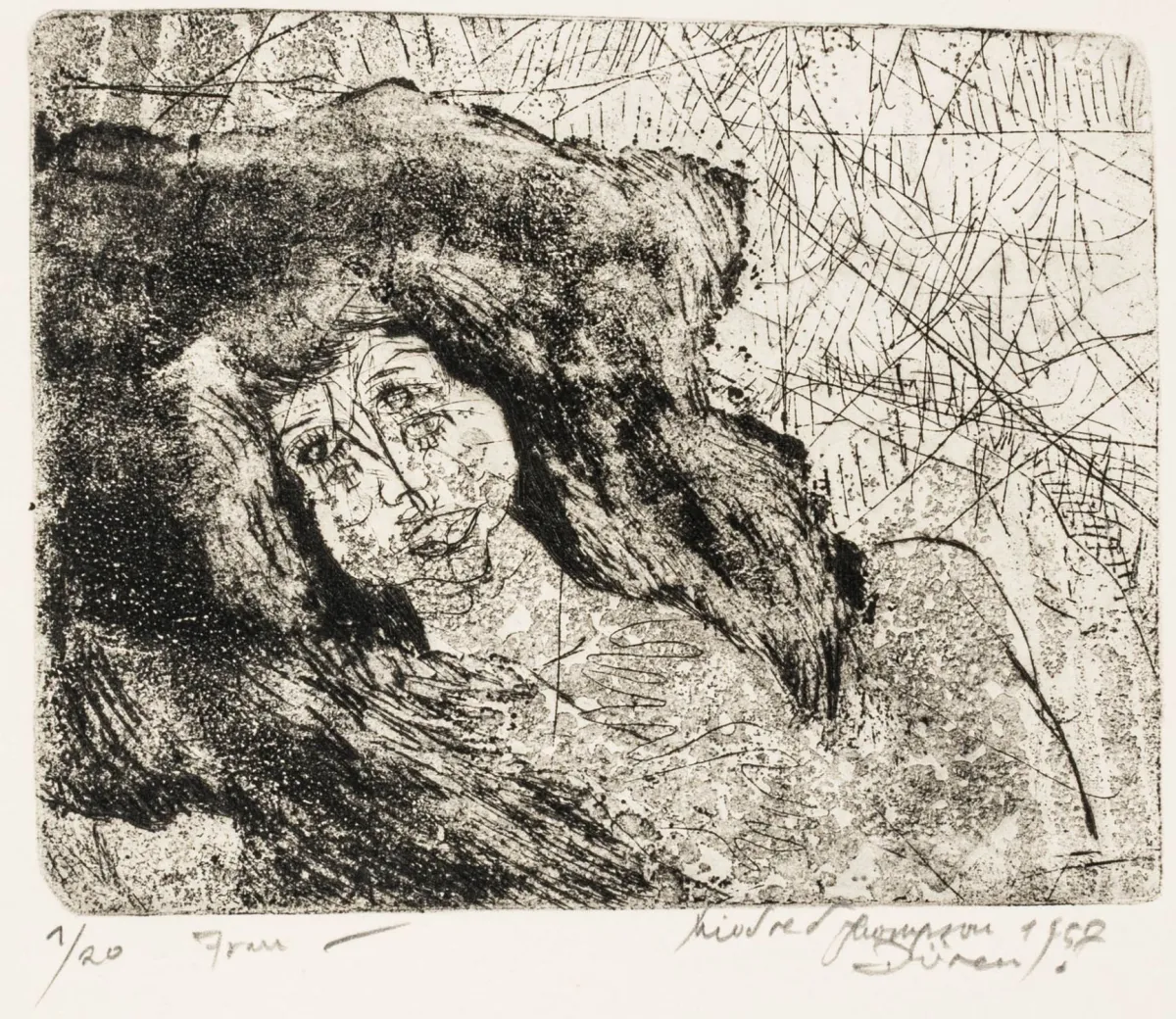 Thompson, Mildred – 2幅蚀刻版画。厚铜版纸上干刻与飞尘技法。每幅下方铅笔签名、注明日期、…