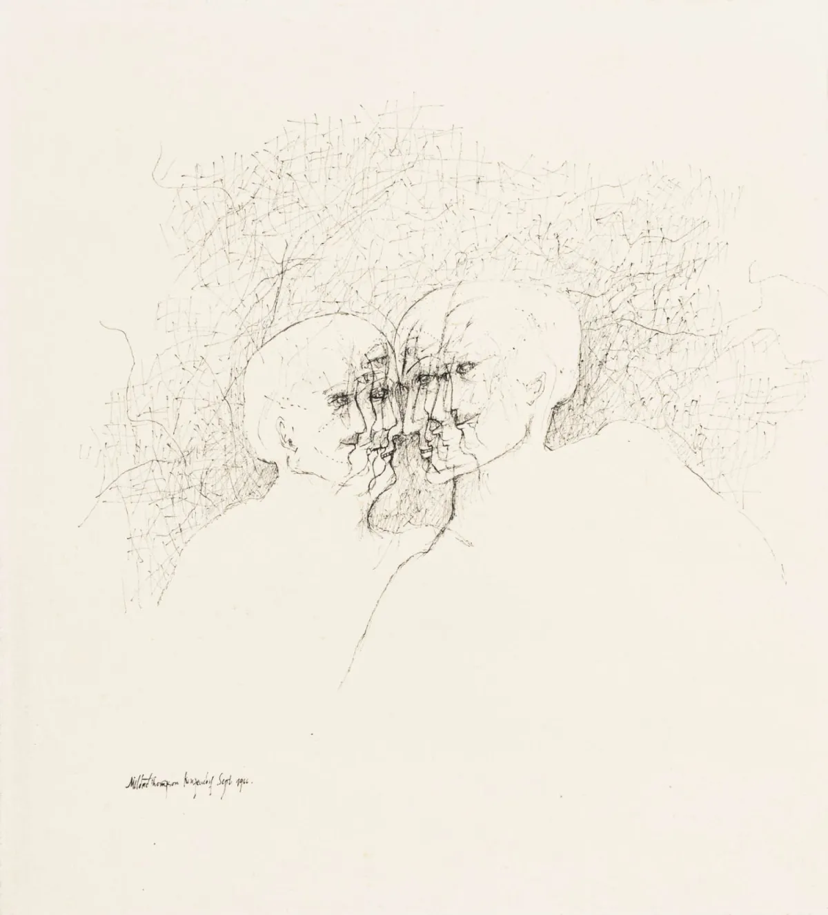 Thompson, Mildred – 无题。（两个头像）。厚纸上的钢笔素描。左下角签名、注明日期并…