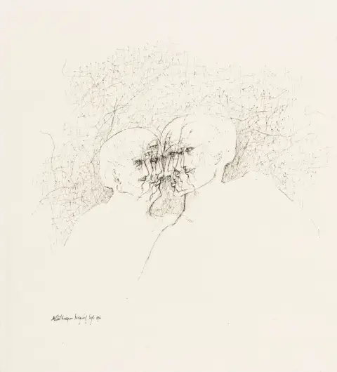 Thompson, Mildred – Senza titolo. (Due teste). Disegno a penna su carta pesante. In basso a sinistra firmato, datato e iscritto…
